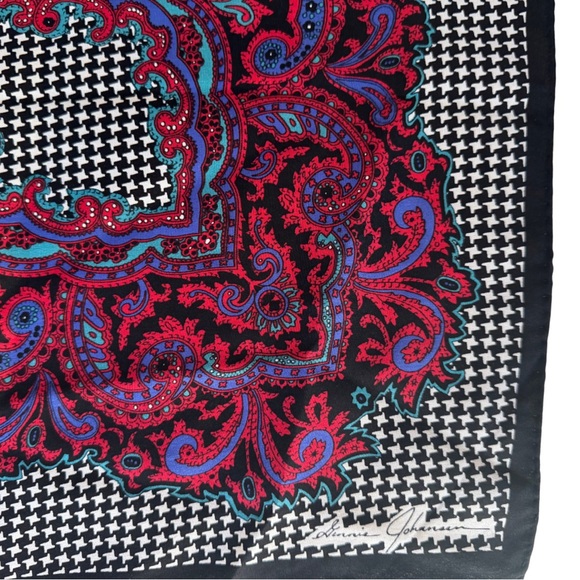 Ginnie Johansen Paisley Silk Scarf Blue Maroon Green Blue Houndstooth 34" - Picture 4 of 6